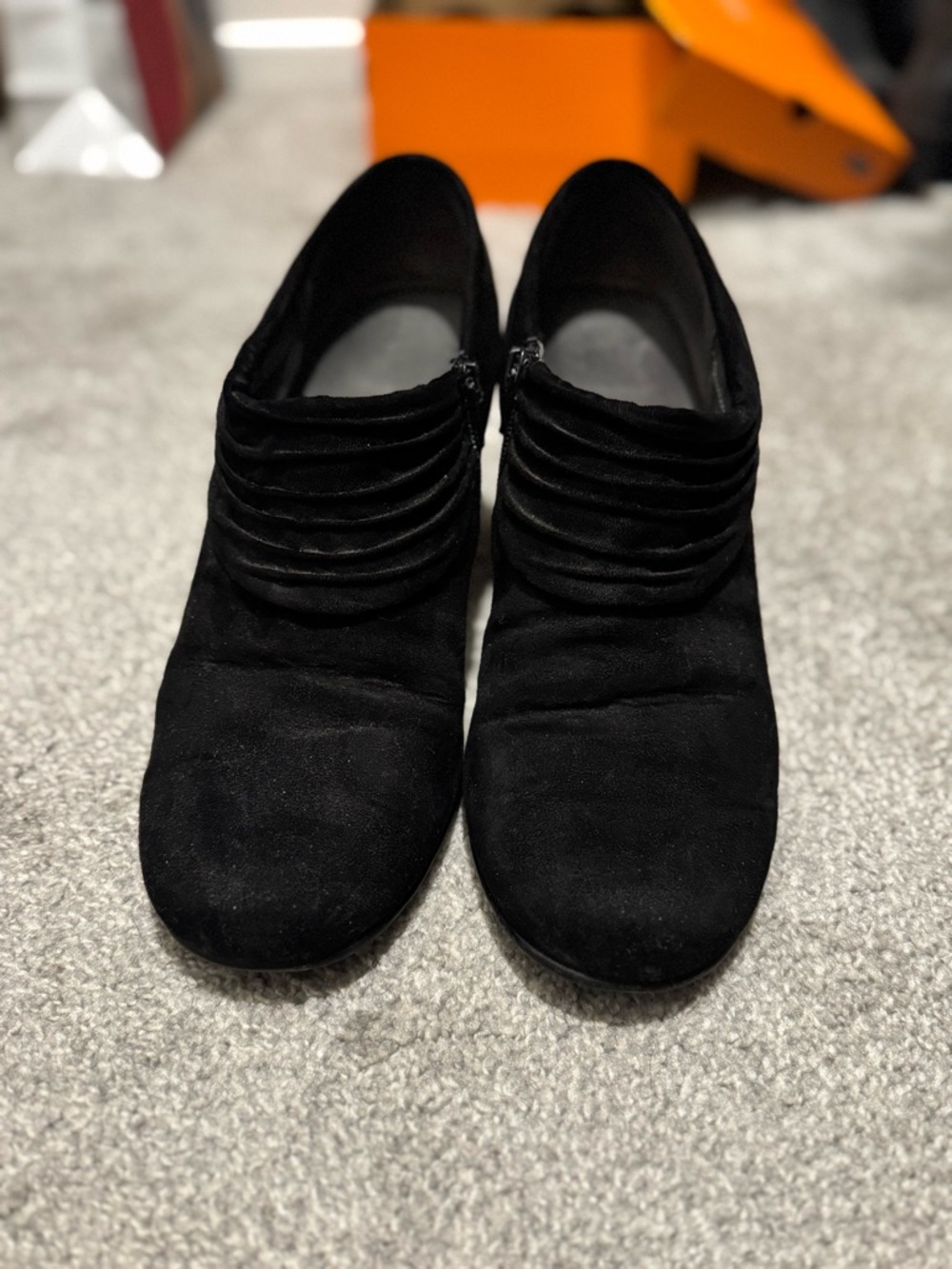 AEROSOLES Black Suede Ankle Booties with Ruched Detail